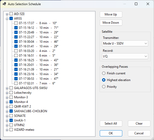 Auto Selection schedule dialog