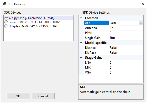 SDR Devices dialog